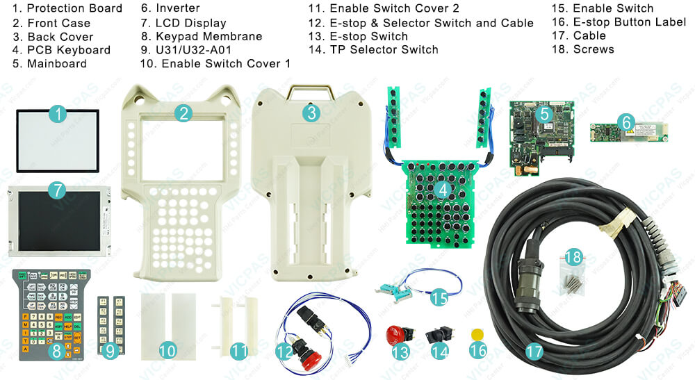 NACHI-FUJIKOSHI ROP601-10 Operator Keyboard, Plastic Housing, LCD Display Panel, Protection Board, PCB Keyboard, Mainboard, lnverter, U31/U32-A01 Film, Enable Switch Cover, E-stop & SeIector Switch and Cable, E-stop Switch, TP Selector Switch, Enable Switch, E-stop Button Label, Cable and Screws Replacement NACHI-FUJIKOSHI ROP601-10 Operator Keyboard, Plastic Housing, LCD Display Panel, Protection Board, PCB Keyboard, Mainboard, lnverter, U31/U32-A01 Film, Enable Switch Cover, E-stop & SeIector Switch and Cable, E-stop Switch, TP Selector Switch, Enable Switch, E-stop Button Label, Cable and Screws Replacement