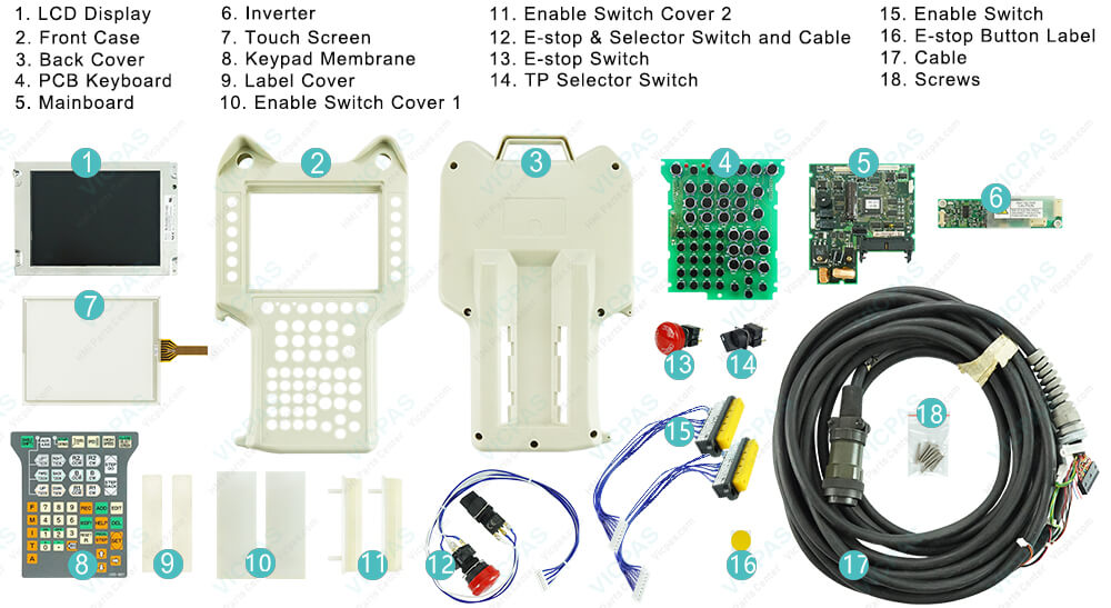 NACHI-FUJIKOSHI RTP151-10 Operator Keyboard, Plastic Housing, LCD Display Panel, HMI Panel Glass, PCB Keyboard, Mainboard, lnverter, Label Cover, Enable Switch Cover, E-stop & SeIector Switch and Cable, E-stop Switch, TP Selector Switch, Enable Switch, E-stop Button Label, Cable and Screws Replacement