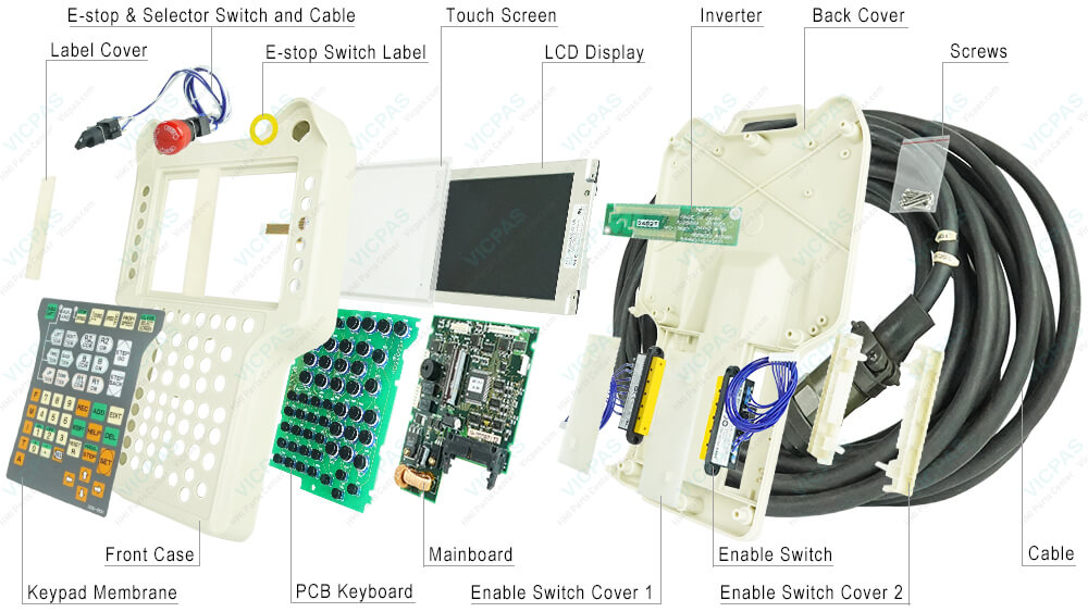 Nachi Fujikoshi RTP111-25 Nachi Plastic Cover Body, Operator Panel Keypad, LCD Display Screen, Touch Digitizer Glass, PCB Keyboard, Mainboard, lnverter, Label Cover, Enable Switch Cover, E-stop & SeIector Switch and Cable, E-stop Switch, TP Selector Switch, Enable Switch, E-stop Button Label, Cable and Screws Repair Replacement