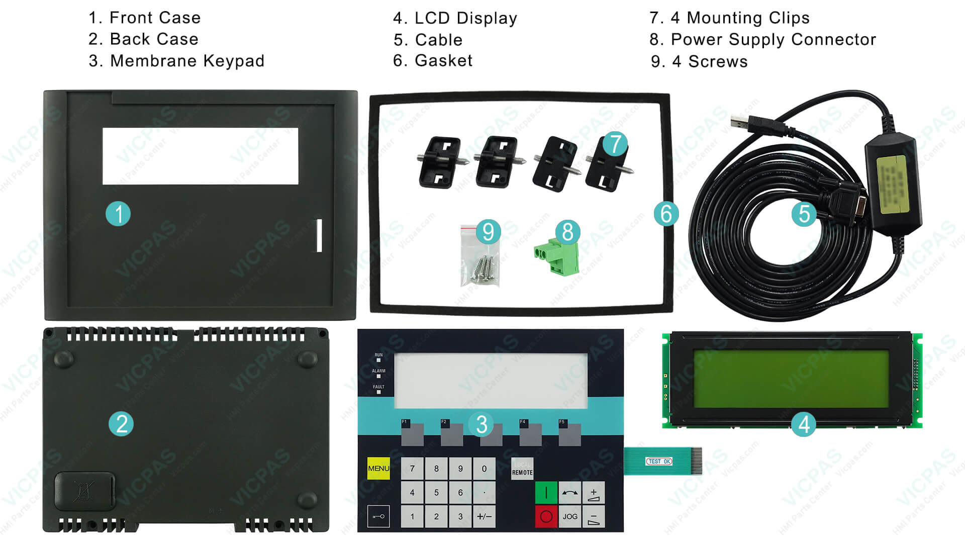 VICPAS Siemens AOP30 replacement parts showcase: membrane keypads, LCD screens, housings, cables, and full kits for models 6SL3055-0AA00-4CA1 to 4CR0