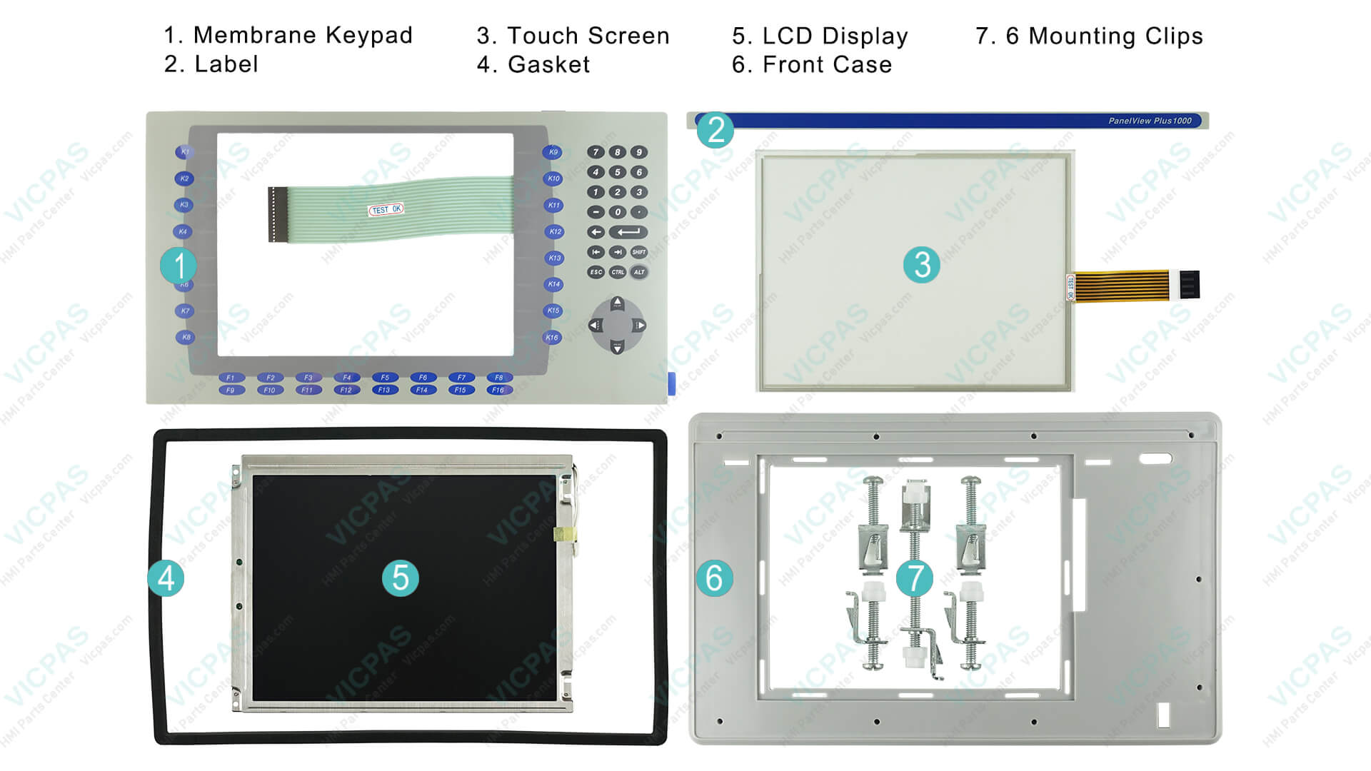 VICPAS replacement parts for Allen-Bradley PanelView Plus 1000 including membrane keypad, touchscreen, LCD display and plastic housing