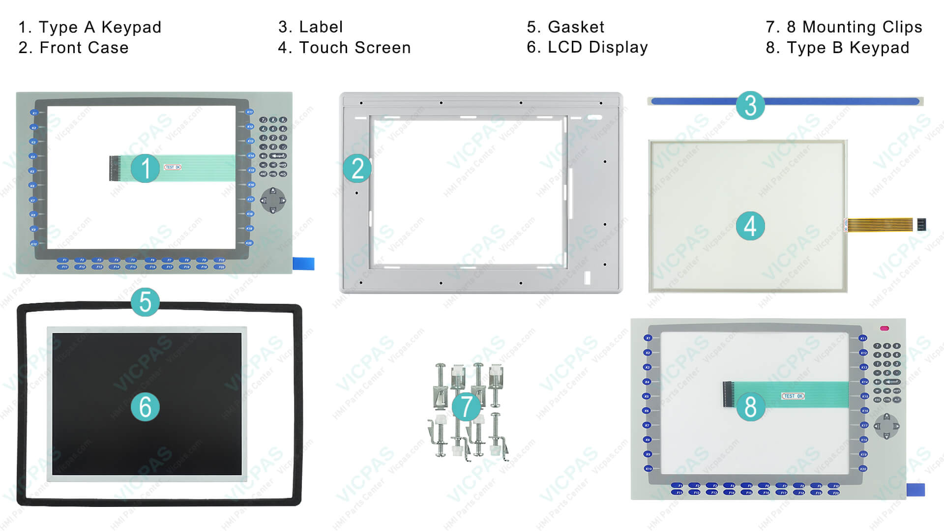 Professional product shot of VICPAS replacement parts for Allen-Bradley PanelView Plus 1500 – backlight kit, touchscreen digitizer, and membrane keypad