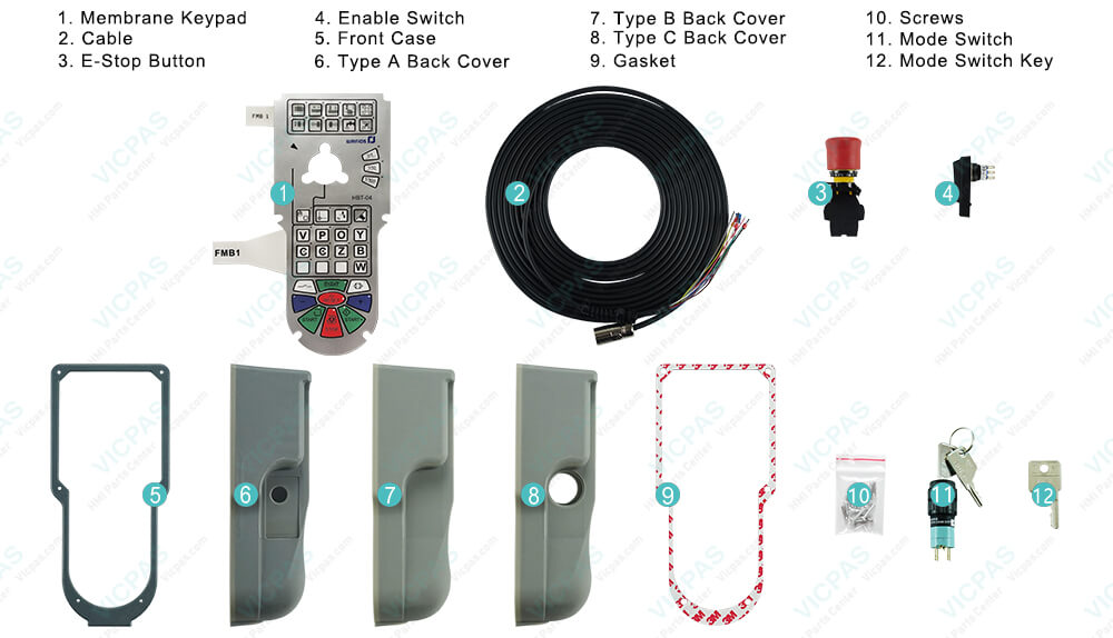EUCHNER HBLC121964 HBT-04 Membrane Keyboard, Cable, Plastic Cover, Gasket, Screws, E-stop Button, Enable Switch, Mode Switch and Key