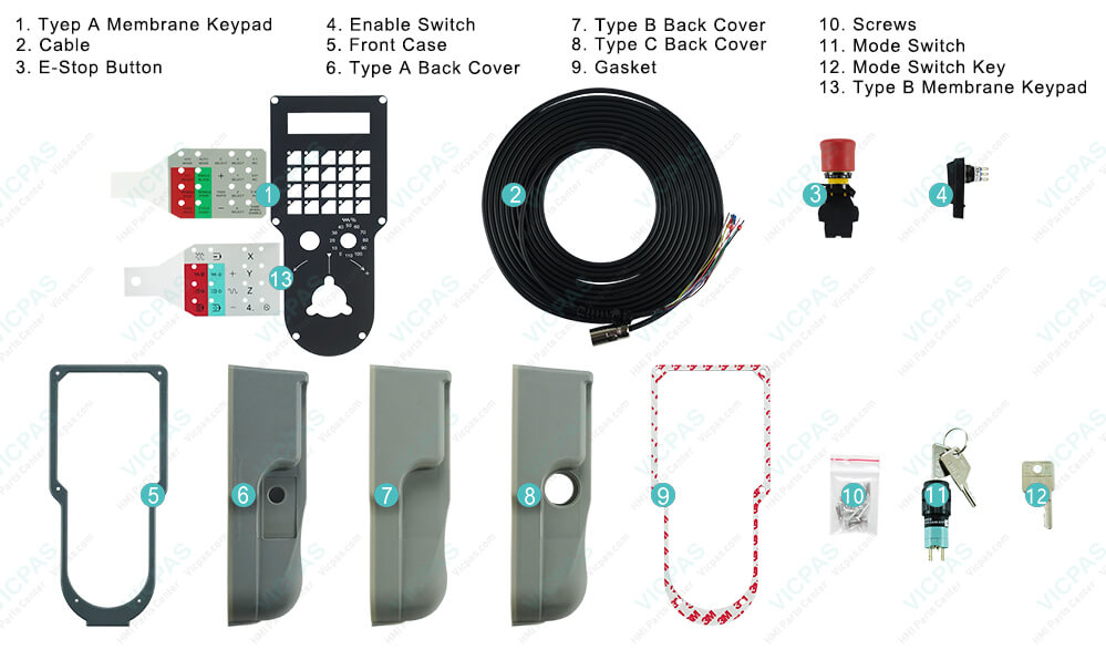 EUCHNER HBL-097339 Membrane Keyboard, Cable, Plastic Cover, Gasket, Screws, E-stop Button, Enable Switch, Mode Switch and Key Repair Replacement EUCHNER HBL-097339 Membrane Keyboard, Cable, Plastic Cover, Gasket, Screws, E-stop Button, Enable Switch, Mode Switch and Key Repair Replacement