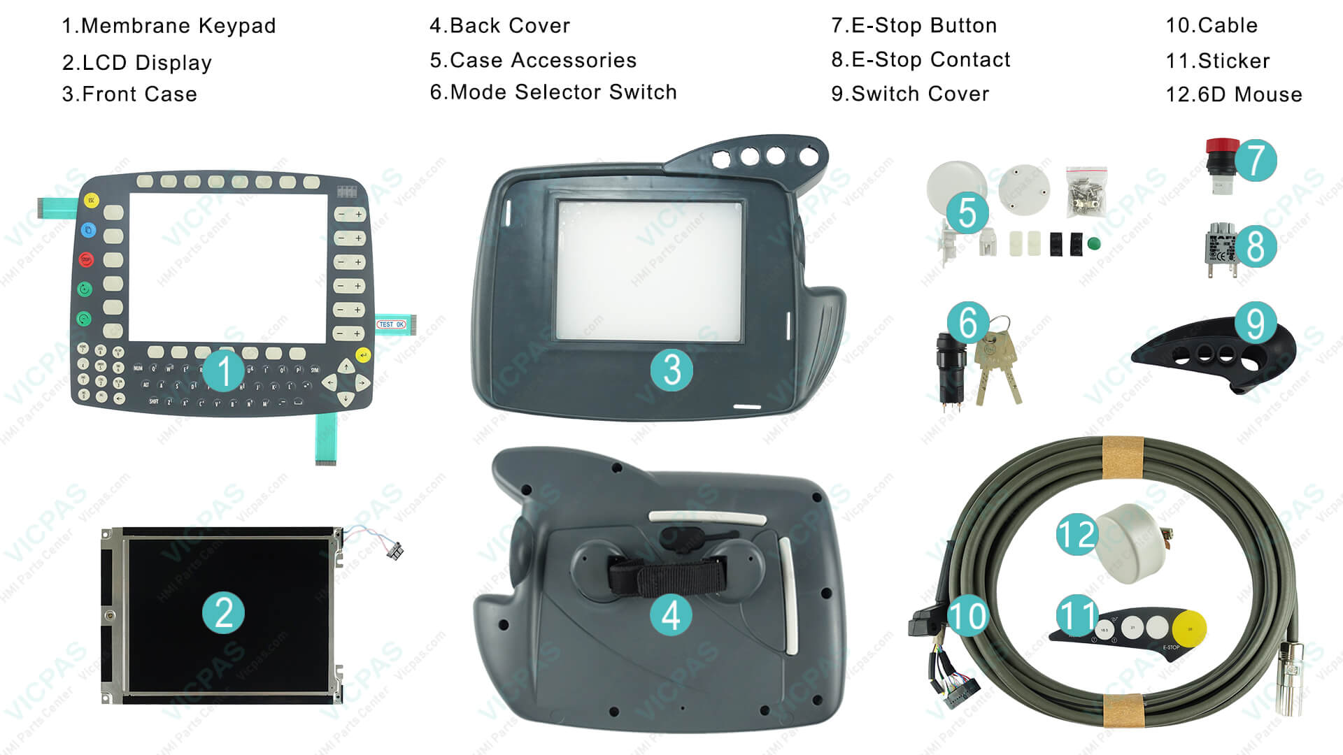 VICPAS KUKA KCP2 KRC2 replacement parts including membrane keypad, LCD display, mode selector switch and cables