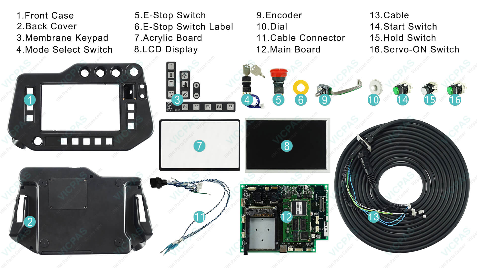 VICPAS Panasonic G2 Teach Pendant replacement parts assortment including LCD, membrane keypad and housing