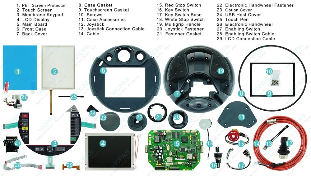 Mitsubishi R57TB P/N: BKO-FA0895H07 KeTop C50 ME 5 Touch Digitizer, Outer Casing, LCD Display Panel, Keypad Membrane Switch, PET Screen Protector, Main Board, Case Gasket, Touchscreen Gasket, Screws, Case Accessories, Joystick, Joystick Connection Cable, Cable, Red Stop Switch, Key Switch, Key Switch Base, White Stop Switch, MuItigrip HandIe, Joystick Fastener, Fastener Gasket, Electronic Handwheel Fastener, Option Cover, USB Host Cover, Touch Pen, Electronic Handwheel, Enabling Switch, EnabIing Switch CabIe and LCD Connection Cable Repair Replacement