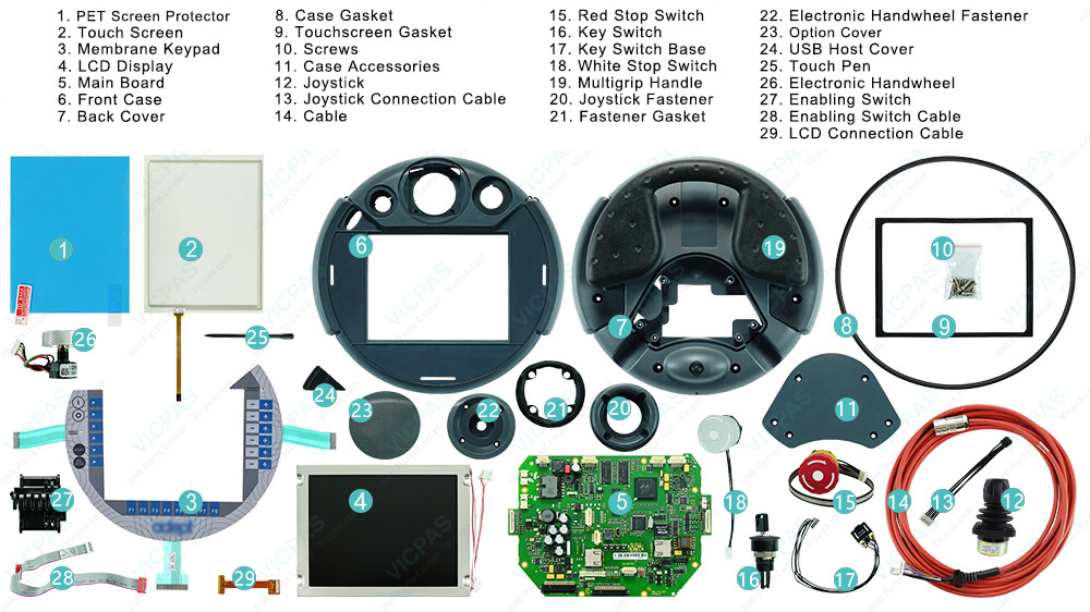 KEBA KeTop C50 ADP1 Adept T2 Pendant 3M P/N: 05215-103 REV:A Plastic Shell, Terminal Keypad, LCD Display, HMI Touch Glass, PET Screen Protector, Main Board, Case Gasket, Touchscreen Gasket, Screws, Case Accessories, Joystick, Joystick Connection Cable, Cable, Red Stop Switch, Key Switch, Key Switch Base, White Stop Switch, MuItigrip HandIe, Joystick Fastener, Fastener Gasket, Electronic Handwheel Fastener, Option Cover, USB Host Cover, Touch Pen, Electronic Handwheel, Enabling Switch, EnabIing Switch CabIe and LCD Connection Cable Repair Replacement KEBA KeTop C50 ADP1 Adept T2 Pendant 3M P/N: 05215-103 REV:A Plastic Shell, Terminal Keypad, LCD Display, HMI Touch Glass, PET Screen Protector, Main Board, Case Gasket, Touchscreen Gasket, Screws, Case Accessories, Joystick, Joystick Connection Cable, Cable, Red Stop Switch, Key Switch, Key Switch Base, White Stop Switch, MuItigrip HandIe, Joystick Fastener, Fastener Gasket, Electronic Handwheel Fastener, Option Cover, USB Host Cover, Touch Pen, Electronic Handwheel, Enabling Switch, EnabIing Switch CabIe and LCD Connection Cable Repair Replacement