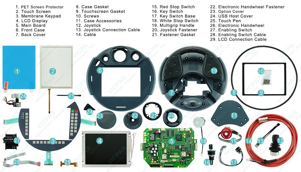 KEBA KeTop T50 012 CES Touch Digitizer Glass, Membrane Keypad Overlay, LCD Display Screen, Plastic Cover Body, PET Screen Protector, Main Board, Case Gasket, Touchscreen Gasket, Screws, Case Accessories, Joystick, Joystick Connection Cable, Cable, Red Stop Switch, Key Switch, Key Switch Base, White Stop Switch, MuItigrip HandIe, Joystick Fastener, Fastener Gasket, Electronic Handwheel Fastener, Option Cover, USB Host Cover, Touch Pen, Electronic Handwheel, Enabling Switch, EnabIing Switch CabIe and LCD Connection Cable Replacement KEBA KeTop T50 012 CES Touch Digitizer Glass, Membrane Keypad Overlay, LCD Display Screen, Plastic Cover Body, PET Screen Protector, Main Board, Case Gasket, Touchscreen Gasket, Screws, Case Accessories, Joystick, Joystick Connection Cable, Cable, Red Stop Switch, Key Switch, Key Switch Base, White Stop Switch, MuItigrip HandIe, Joystick Fastener, Fastener Gasket, Electronic Handwheel Fastener, Option Cover, USB Host Cover, Touch Pen, Electronic Handwheel, Enabling Switch, EnabIing Switch CabIe and LCD Connection Cable Replacement