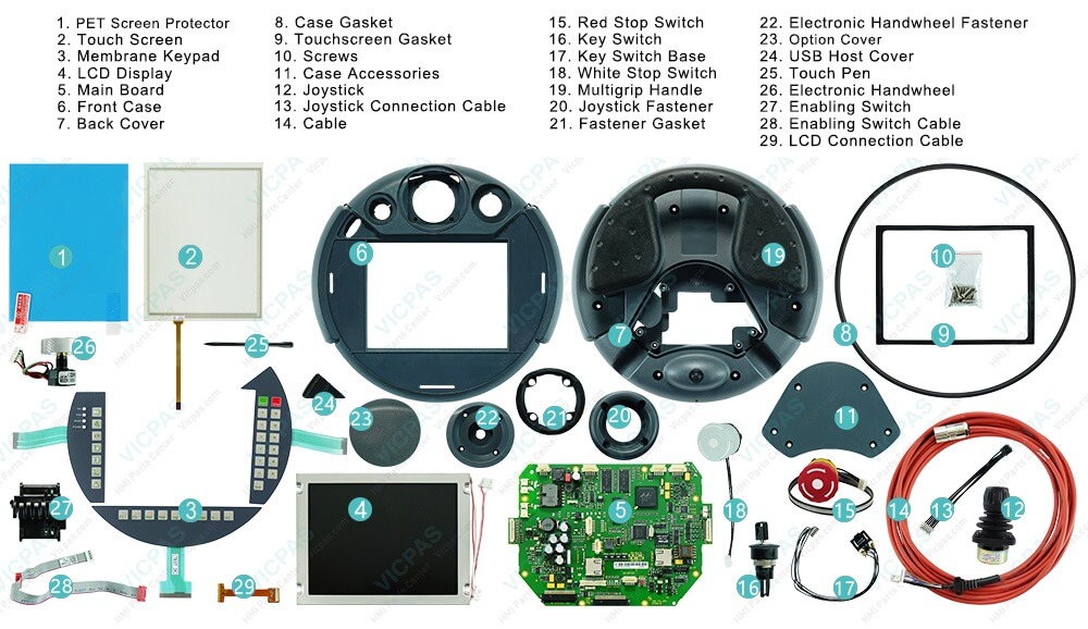 KEBA KeTop C50 RW/74851/10 Touch Screen Monitor, Operator Panel Keypad, LCD Display Screen, Plastic Enclosure, PET Screen Protector, Main Board, Case Gasket, Touchscreen Gasket, Screws, Case Accessories, Joystick, Joystick Connection Cable, Cable, Red Stop Switch, Key Switch, Key Switch Base, White Stop Switch, MuItigrip HandIe, Joystick Fastener, Fastener Gasket, Electronic Handwheel Fastener, Option Cover, USB Host Cover, Touch Pen, Electronic Handwheel, Enabling Switch, EnabIing Switch CabIe and LCD Connection Cable Replacement KEBA KeTop C50 RW/74851/10 Touch Screen Monitor, Operator Panel Keypad, LCD Display Screen, Plastic Enclosure, PET Screen Protector, Main Board, Case Gasket, Touchscreen Gasket, Screws, Case Accessories, Joystick, Joystick Connection Cable, Cable, Red Stop Switch, Key Switch, Key Switch Base, White Stop Switch, MuItigrip HandIe, Joystick Fastener, Fastener Gasket, Electronic Handwheel Fastener, Option Cover, USB Host Cover, Touch Pen, Electronic Handwheel, Enabling Switch, EnabIing Switch CabIe and LCD Connection Cable Replacement