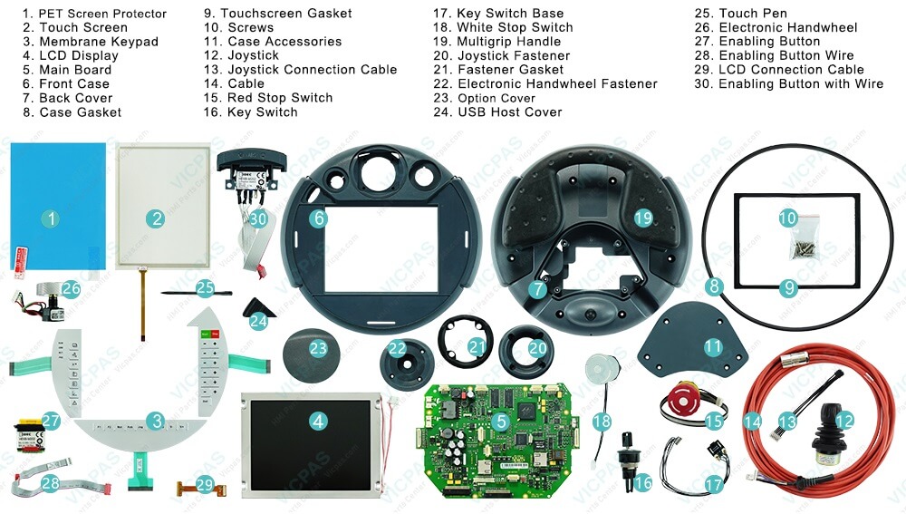 KEBA KeTop T55-RAY-AV0-CE6P Plastic Shell, Terminal Keypad, LCD Display, HMI Touch Glass, PET Screen Protector, Main Board, Case Gasket, Touchscreen Gasket, Screws, Case Accessories, Joystick, Joystick Connection Cable, Cable, Red Stop Switch, Key Switch, Key Switch Base, White Stop Switch, MuItigrip HandIe, Joystick Fastener, Fastener Gasket, Electronic Handwheel Fastener, Option Cover, USB Host Cover, Touch Pen, Electronic Handwheel, Enabling Switch, EnabIing Switch CabIe and LCD Connection Cable Repair Replacement KEBA KeTop T55-RAY-AV0-CE6P Plastic Shell, Terminal Keypad, LCD Display, HMI Touch Glass, PET Screen Protector, Main Board, Case Gasket, Touchscreen Gasket, Screws, Case Accessories, Joystick, Joystick Connection Cable, Cable, Red Stop Switch, Key Switch, Key Switch Base, White Stop Switch, MuItigrip HandIe, Joystick Fastener, Fastener Gasket, Electronic Handwheel Fastener, Option Cover, USB Host Cover, Touch Pen, Electronic Handwheel, Enabling Switch, EnabIing Switch CabIe and LCD Connection Cable Repair Replacement