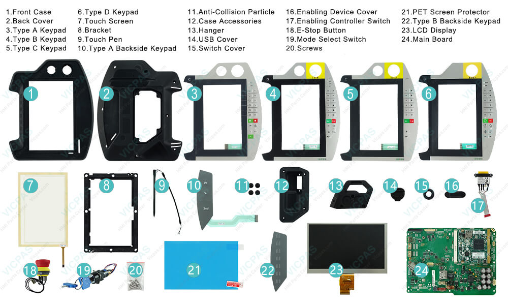 KEBA KeTop C70-10z-Aa0-RBL Plastic Shell, Terminal Keypad, LCD Display, HMI Touch Glass, Main Board, Bracket, Touch Pen, Backside Keypad, Anti-Collision Particle, Case Accessories, Hanger, USB Cover, Switch Cover, EnabIing Device Cover, EnabIing ControIIer Switch, Screws, E-Stop Button, Mode Select Switch and PET Screen Protector Repair Replacement
