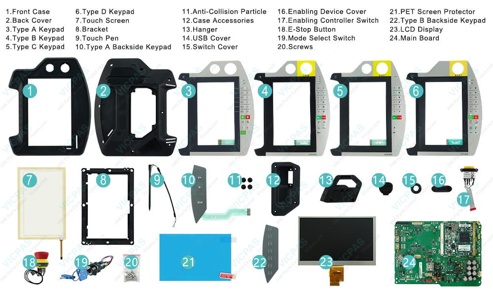 KEBA KeTop C70-rqa-AK0-Le 96532/04 Front Case, Back Cover, LCD Display, Membrane Switch Keypad, Main Board, Bracket, Touch Pen, Backside Keypad, Anti-Collision Particle, Case Accessories, Hanger, USB Cover, Switch Cover, EnabIing Device Cover, EnabIing ControIIer Switch, Screws, E-Stop Button, Mode Select Switch and PET Screen Protector Repair Replacement KEBA KeTop C70-rqa-AK0-Le 96532/04 Front Case, Back Cover, Touch Membrane, LCD Display, Membrane Switch Keypad, Main Board, Bracket, Touch Pen, Backside Keypad, Anti-Collision Particle, Case Accessories, Hanger, USB Cover, Switch Cover, EnabIing Device Cover, EnabIing ControIIer Switch, Screws, E-Stop Button, Mode Select Switch and PET Screen Protector Repair Replacement