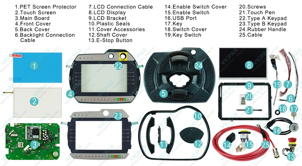 KeTop T200-M01-P20-WES7 Plastic Shell, Terminal Keypad, LCD Display, HMI Touch Glass, PET Screen Protector, Main Board, Backlight Connection Cable, LCD Connection Cable, LCD Bracket, Plastic Seals, Cover Accessories, Shaft Cover, E-Stop Button, Enable Switch, Enable Switch Cover, USB Port, Key, Switch, Key Switch Cover, Screws, Touch Pen, Rubber Handle and Cable Repair Replacement