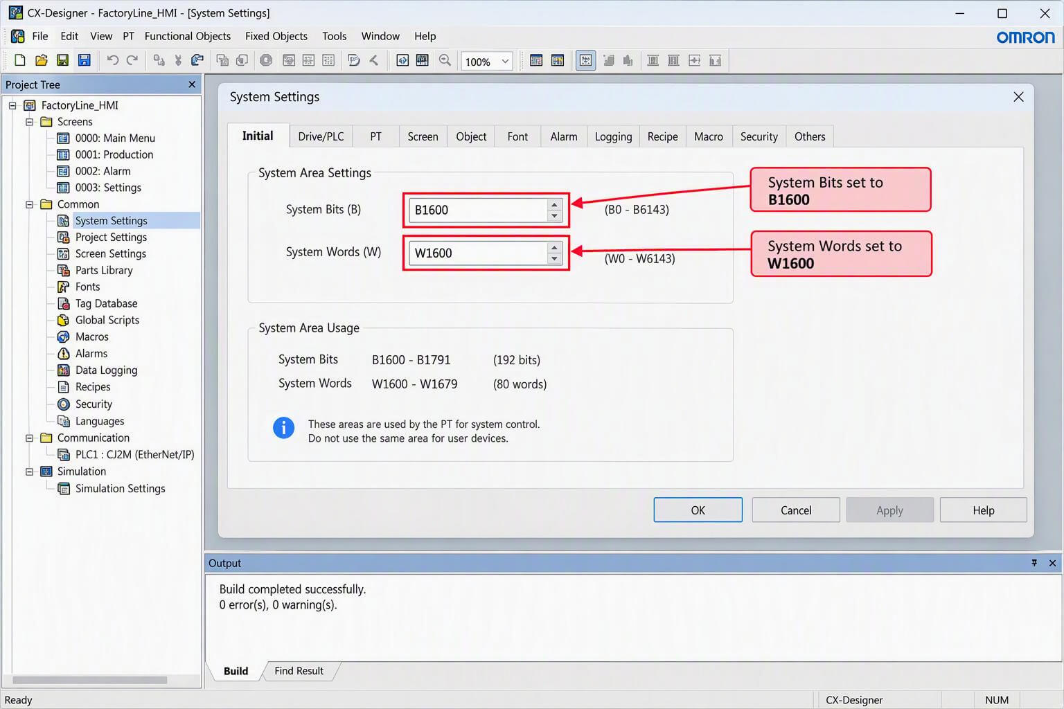 CX-Designer System Settings Initial tab showing System Bits set to B1600 and System Words set to W1600