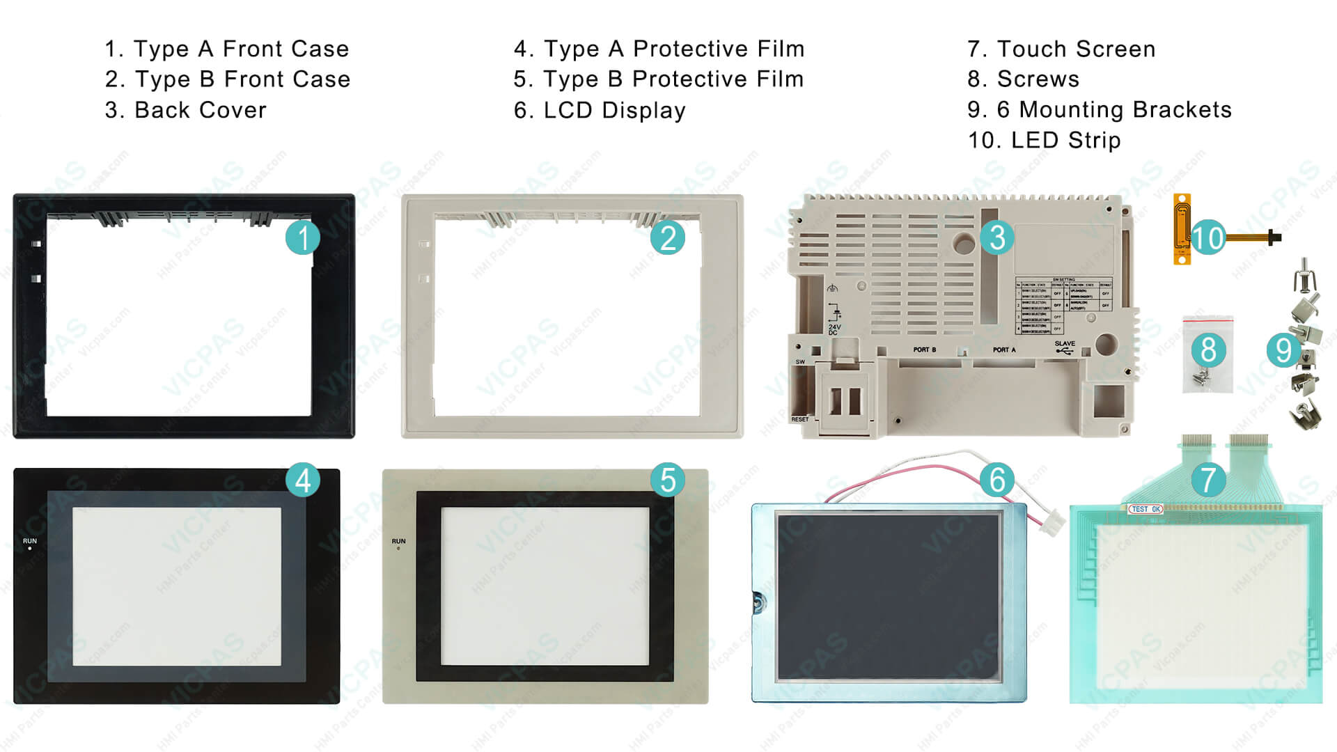 VICPAS Omron NS5 HMI replacement parts: Type A/B Front Case, Protective Film, Back Cover, LCD Display, Touch Screen, Screws, Mounting Brackets and LED Strip