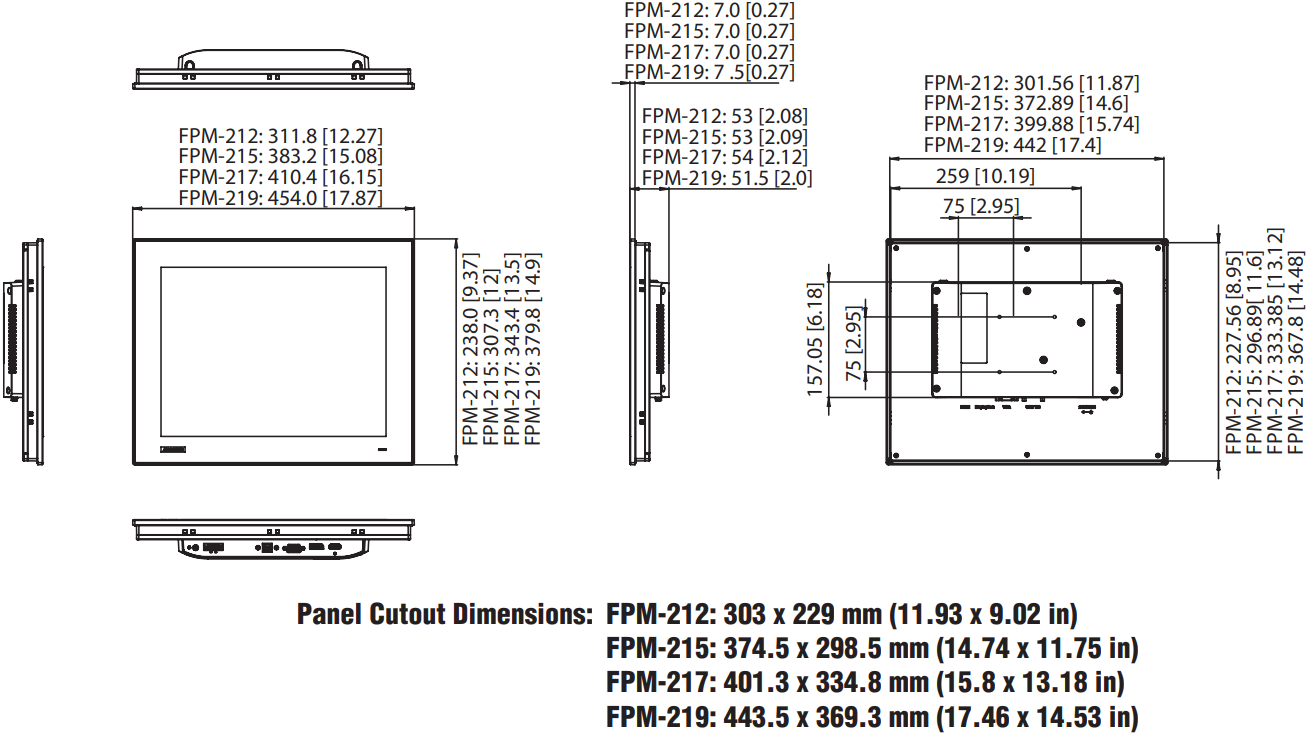 What are the dimensions and cutouts of Advantech FPM-212 series?