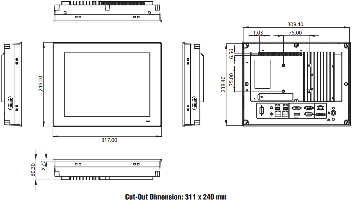 What are the dimensions and cutouts of Advantech PPC-412 Series?