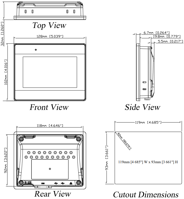 What are the dimensions of Weinview MT6050iP HMI?