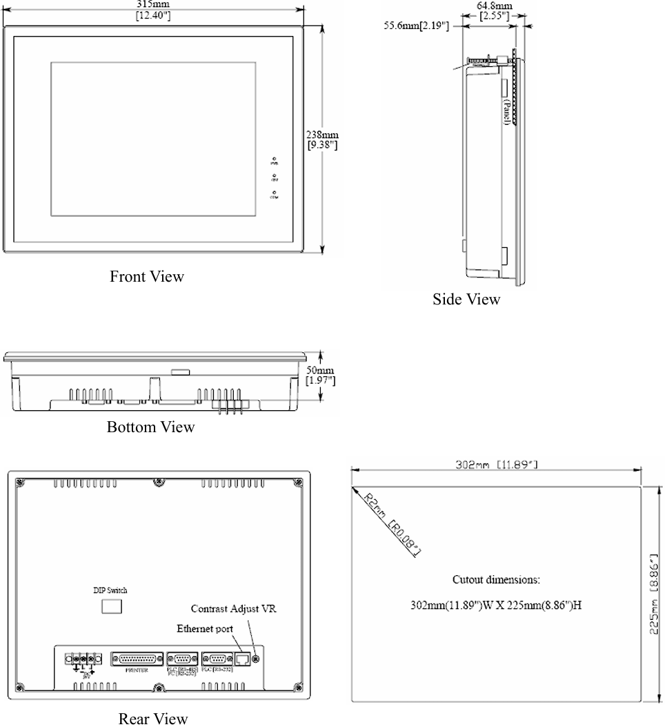 What are the dimensions of Weinview MMI-1500-TV4 MMI-1500-T MMI-1500M MMI-1500T HMI?