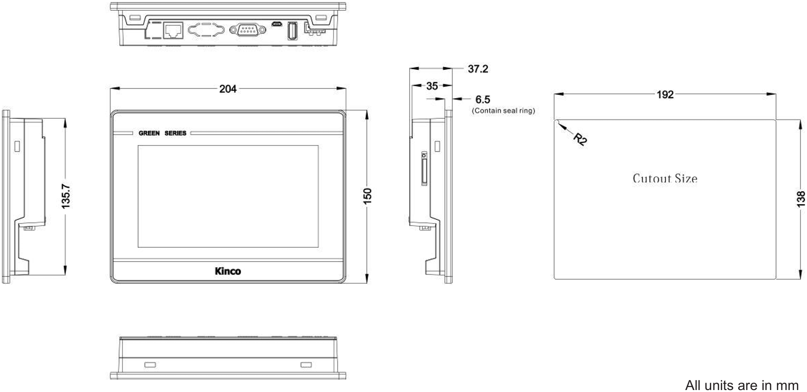 What are the dimensions of GREEN Series GL070 GL070E HMI?