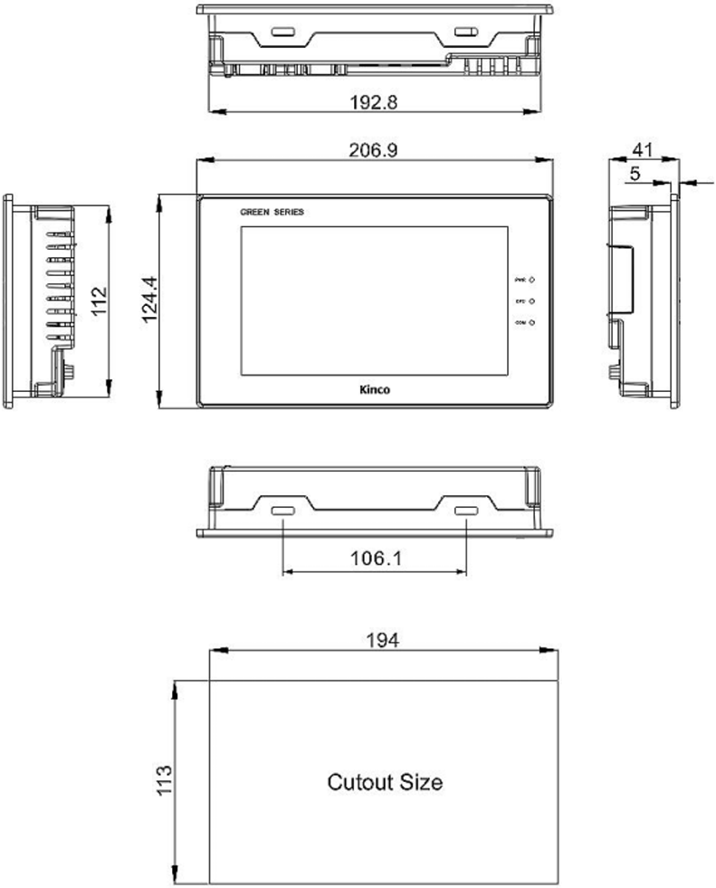 What are the dimensions of Green Enhanced GH070 GH070E HMI?