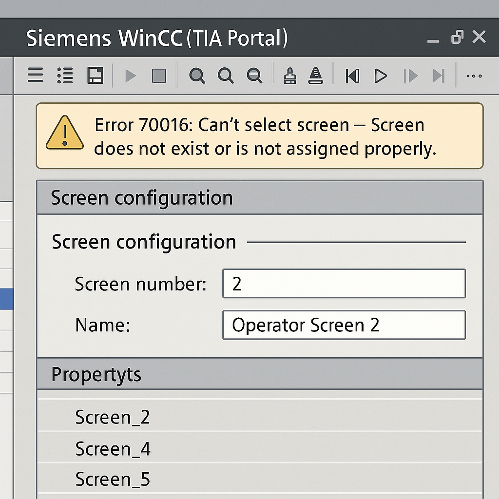 TIA Portal screen configuration interface showing screen number assignment to avoid TP900 Comfort error 70016