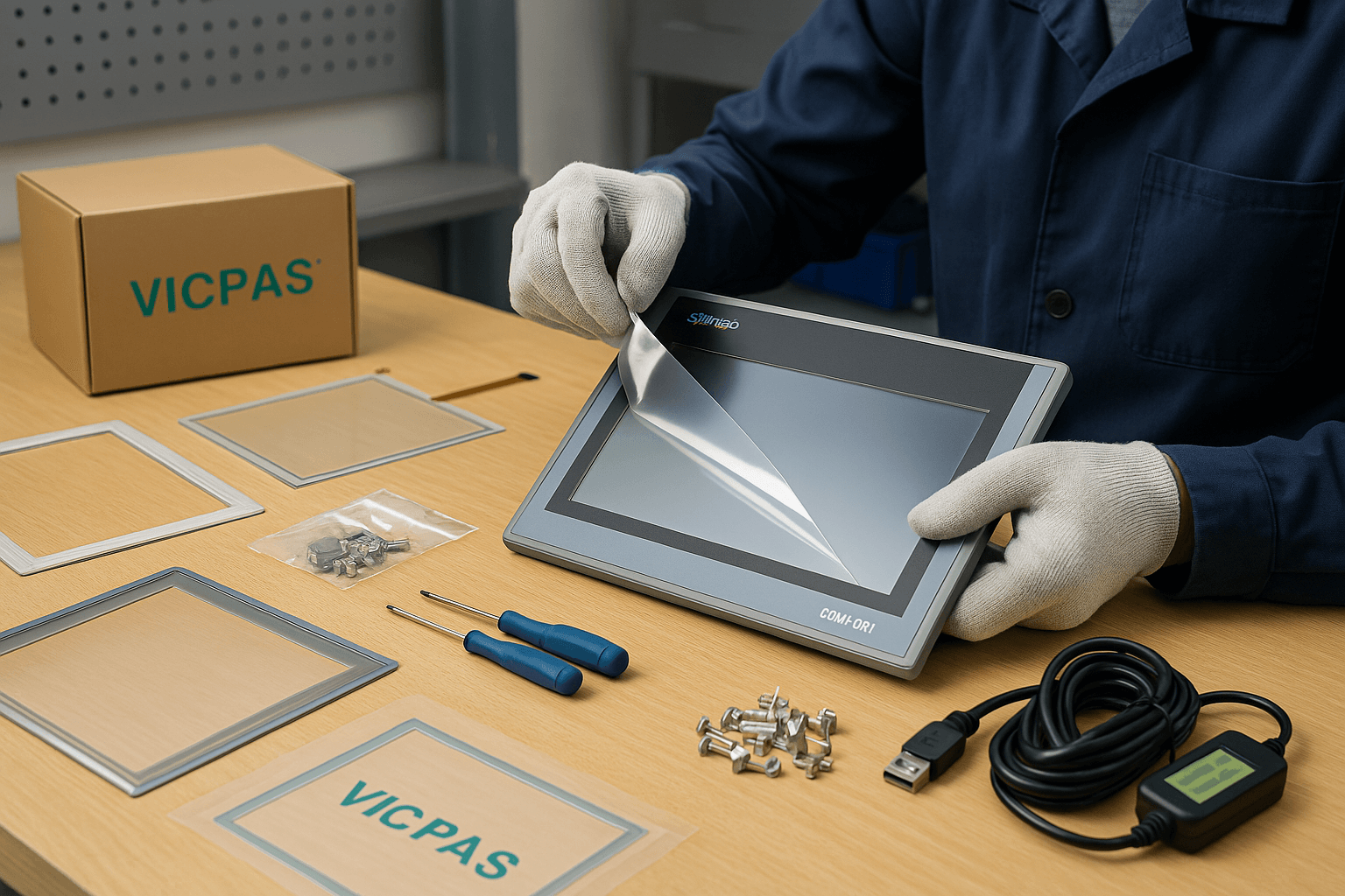 Technician installing Vicpas protective film on TP1500 Comfort Panel