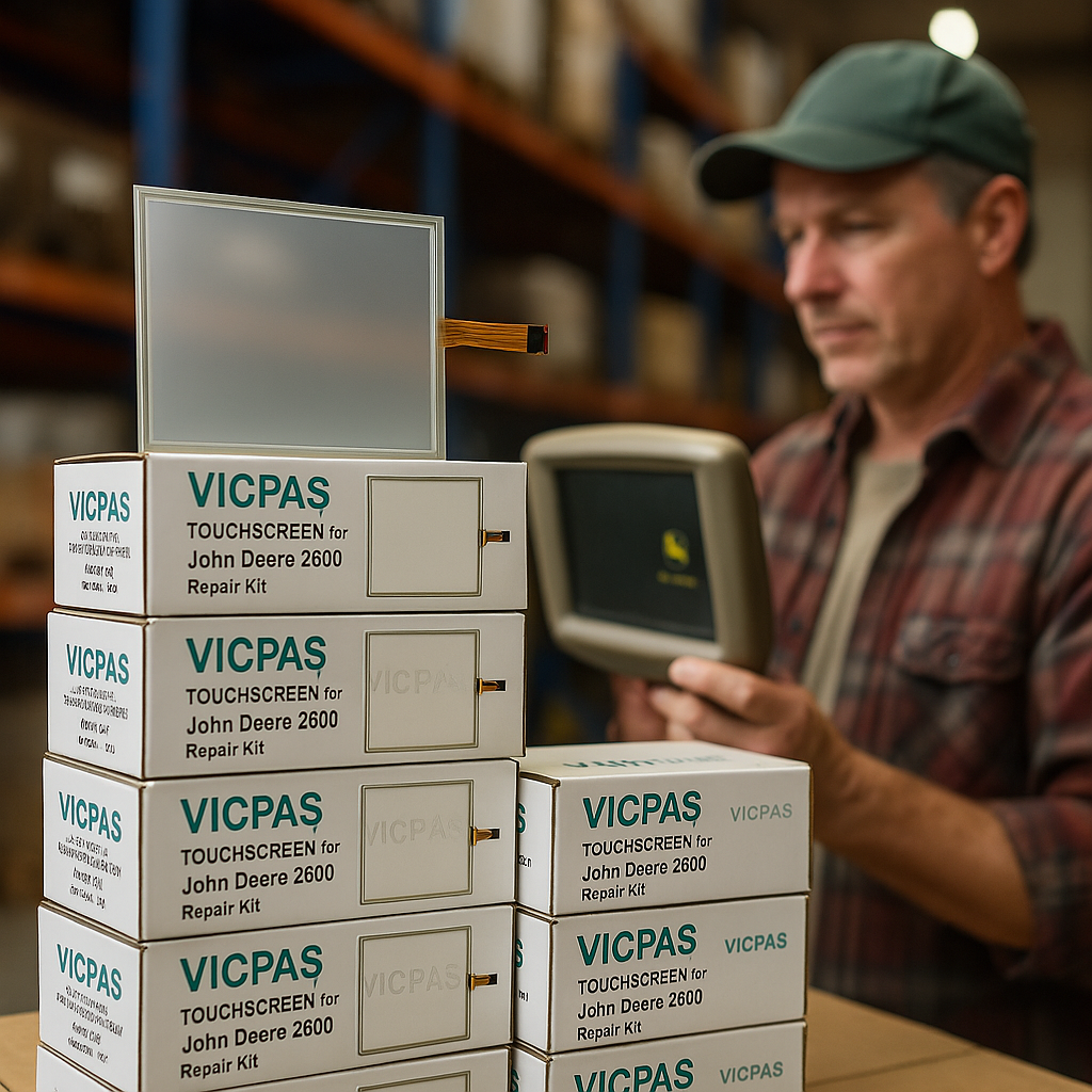 Vicpas-branded John Deere 2600 touchscreen repair kits in a warehouse