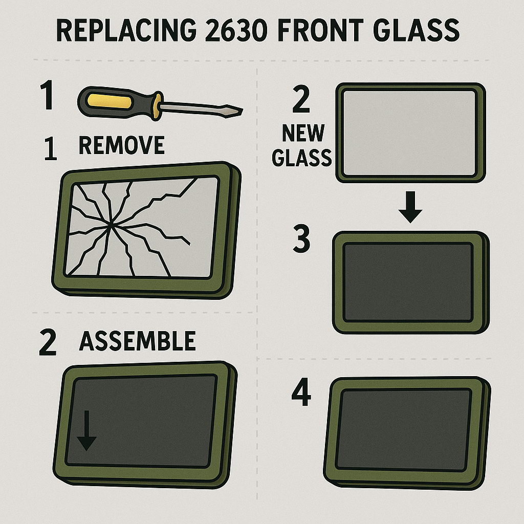 Close-up of a John Deere 2630 touchscreen with gel leakage