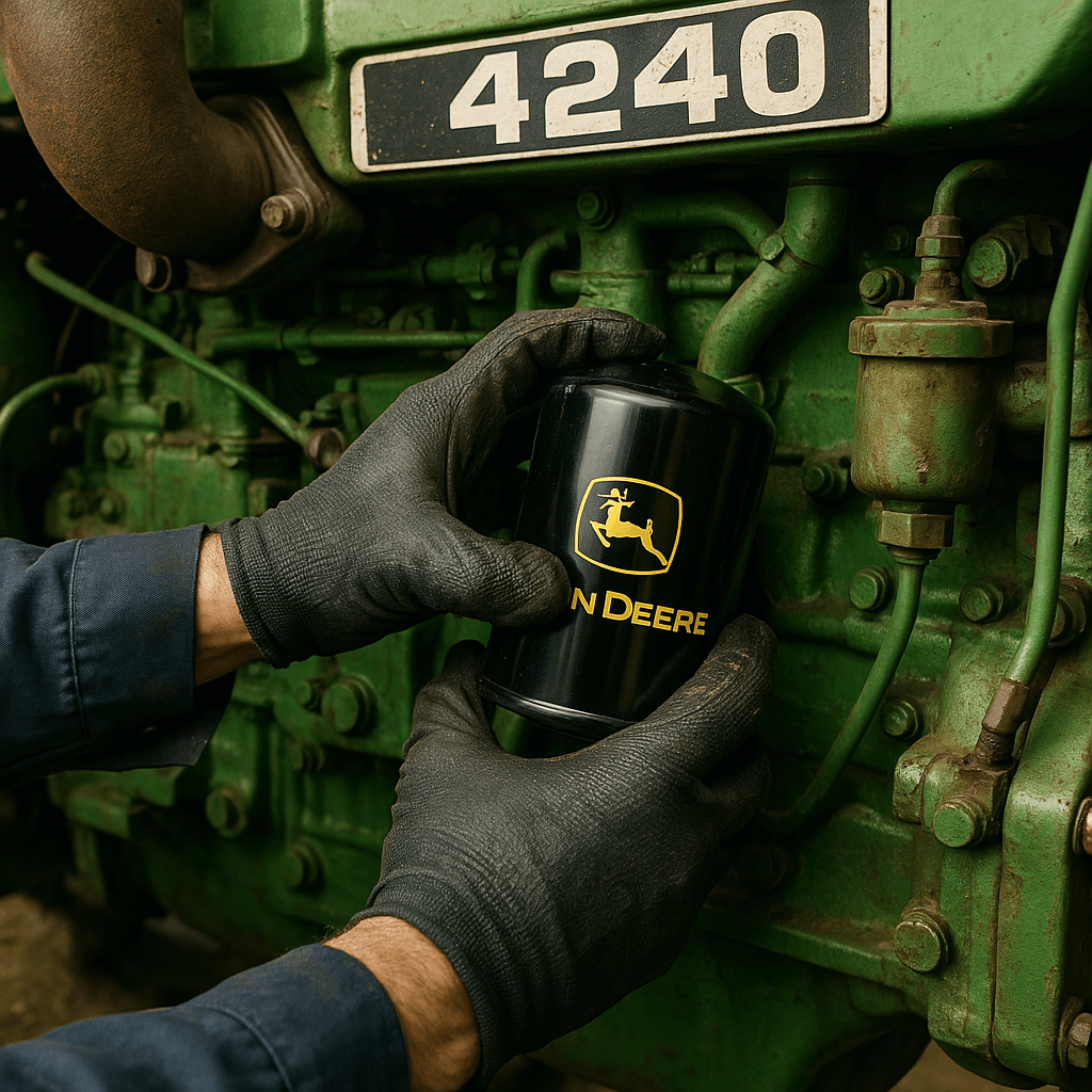 Mechanic changing oil filter on John Deere 4240