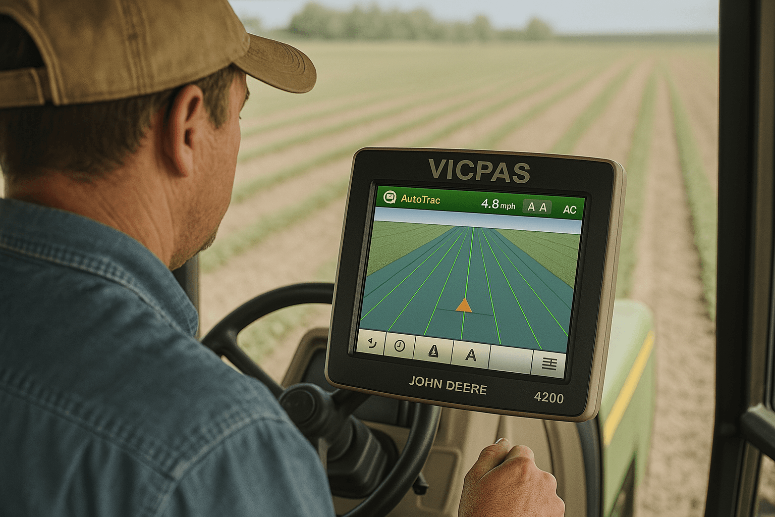 Farmer using John Deere 4200 Display with AutoTrac