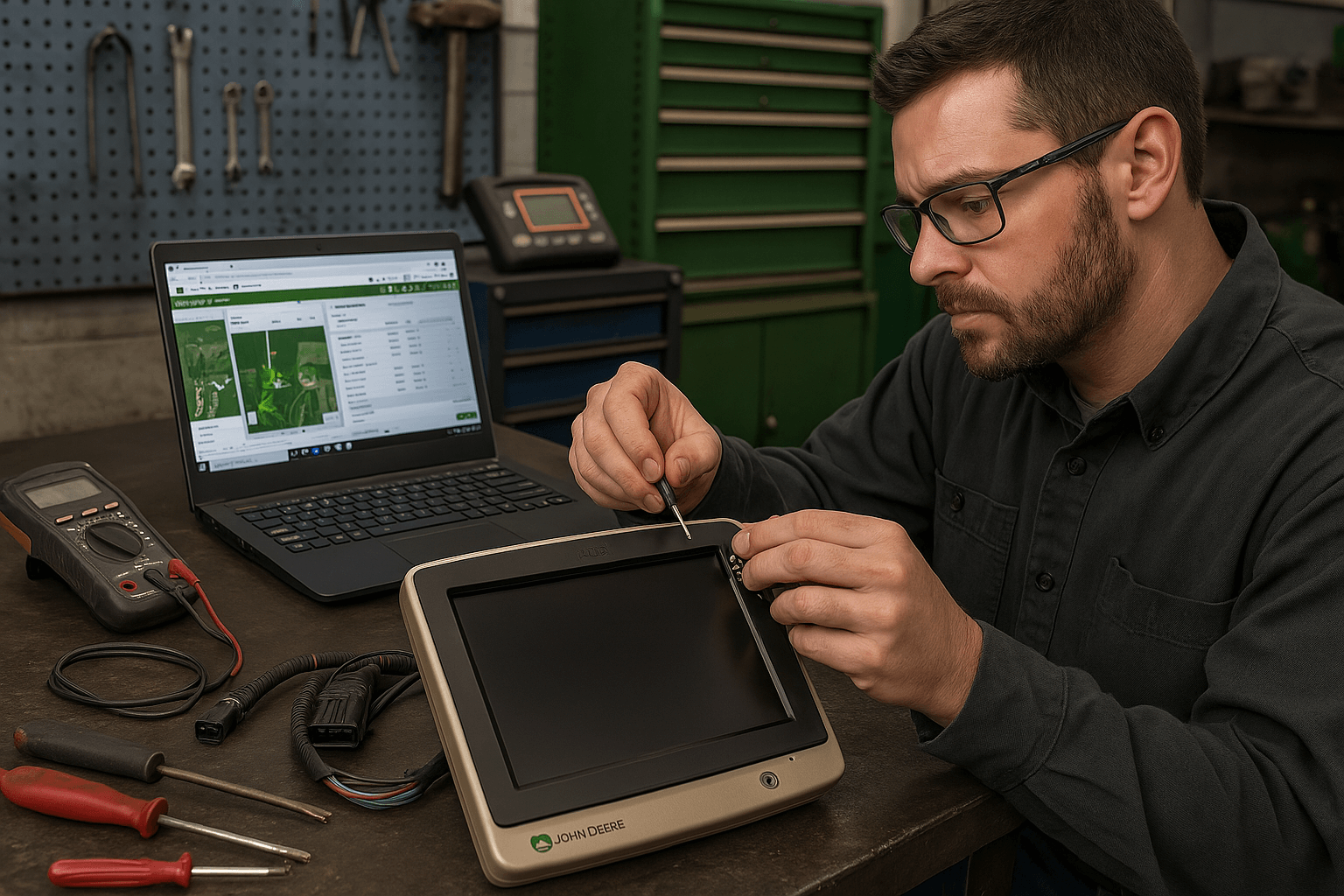 VICPAS technician repairing a John Deere 4640 Universal Display