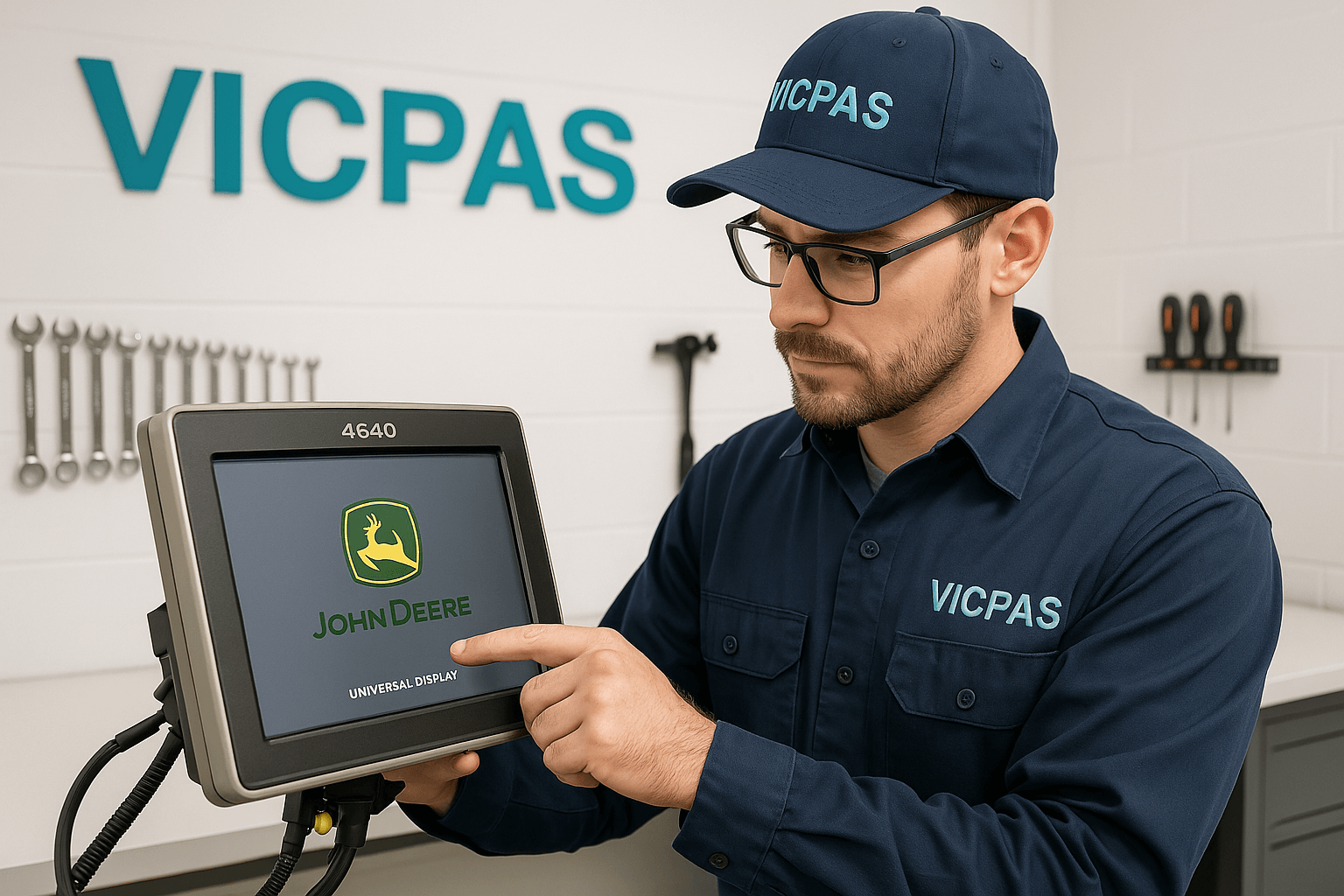 VICPAS workshop with technician repairing a John Deere 4640 Universal Display