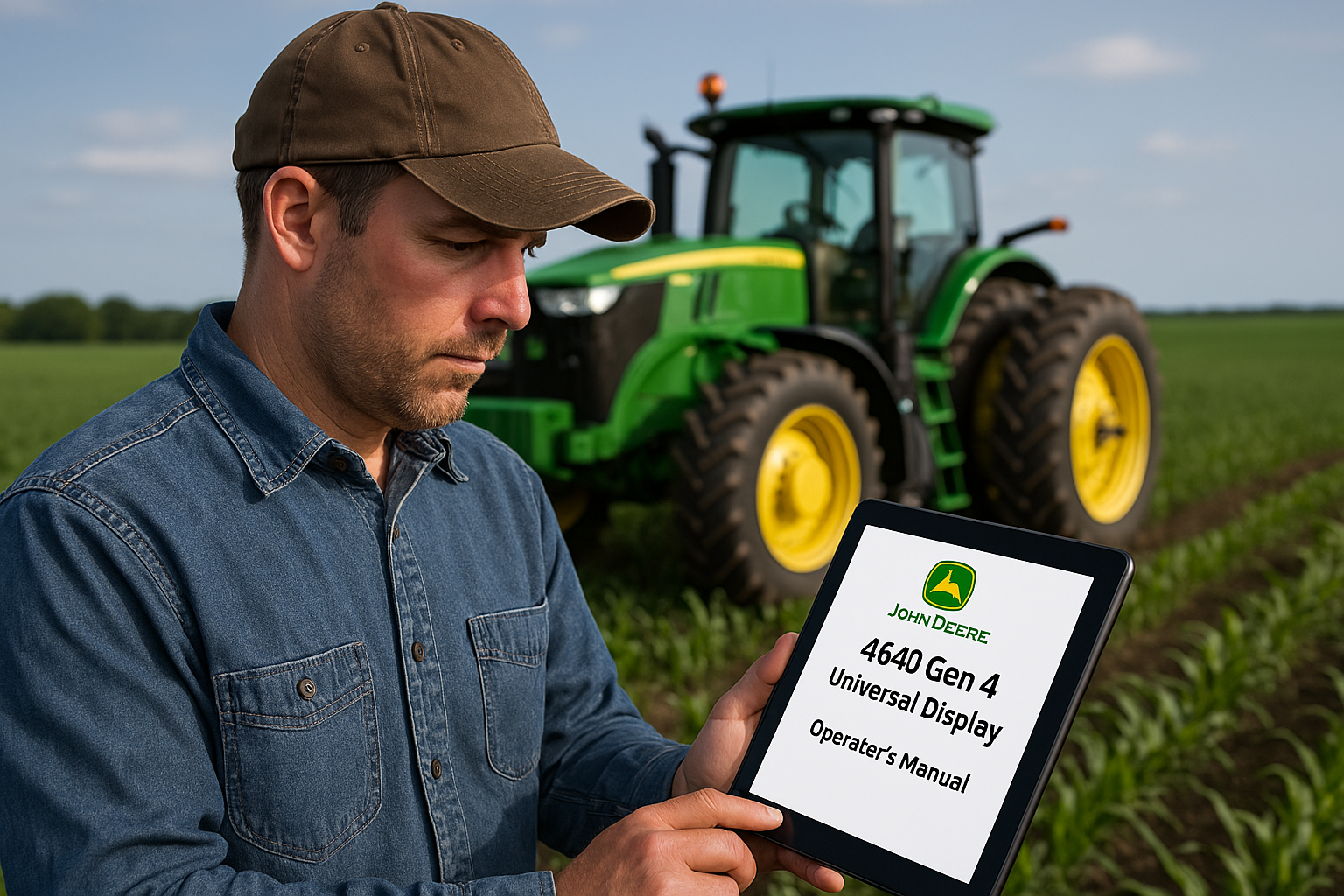 Farmer reviewing the John Deere 4640 Universal Display operator's manual