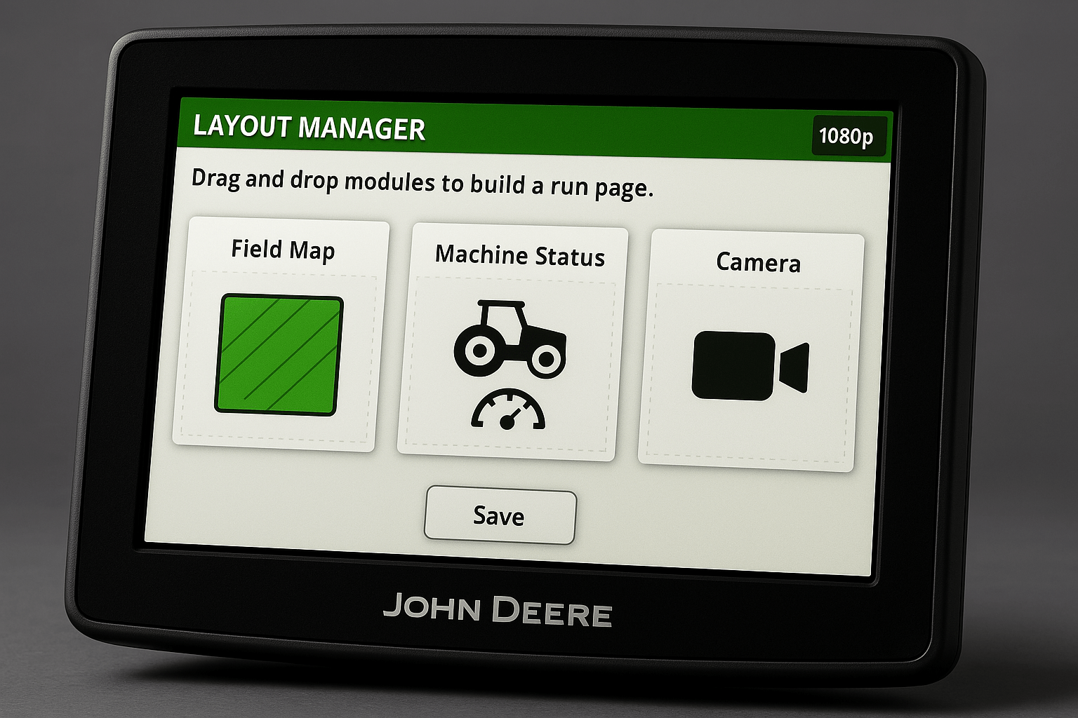 John Deere G5 Plus Layout Manager interface with customizable run pages