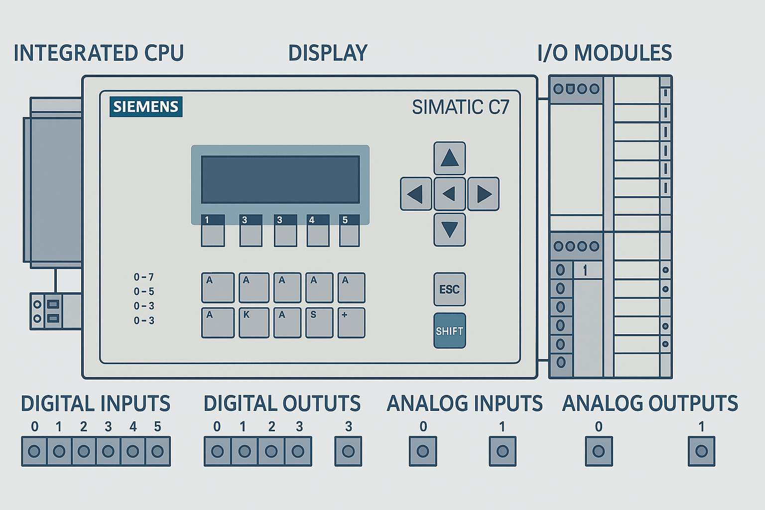 Siemens C7-613 control system diagram showing CPU, display panel, and I/O modules
