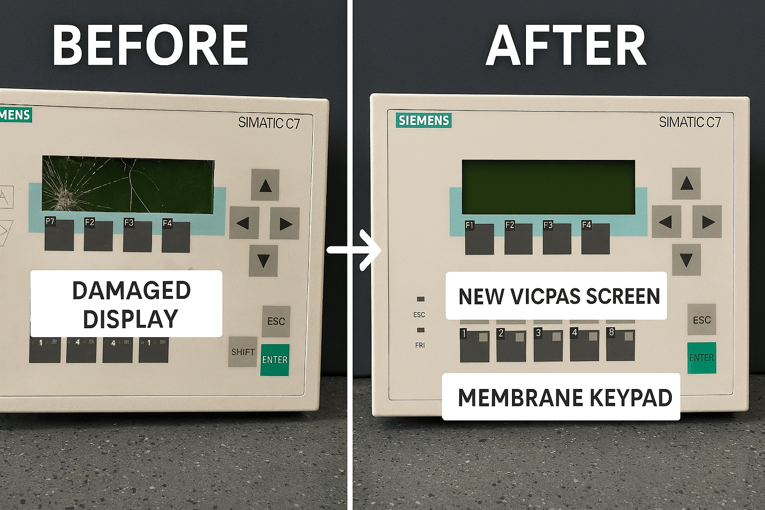 Before and after comparison of Siemens C7-613 display repair with VICPAS parts