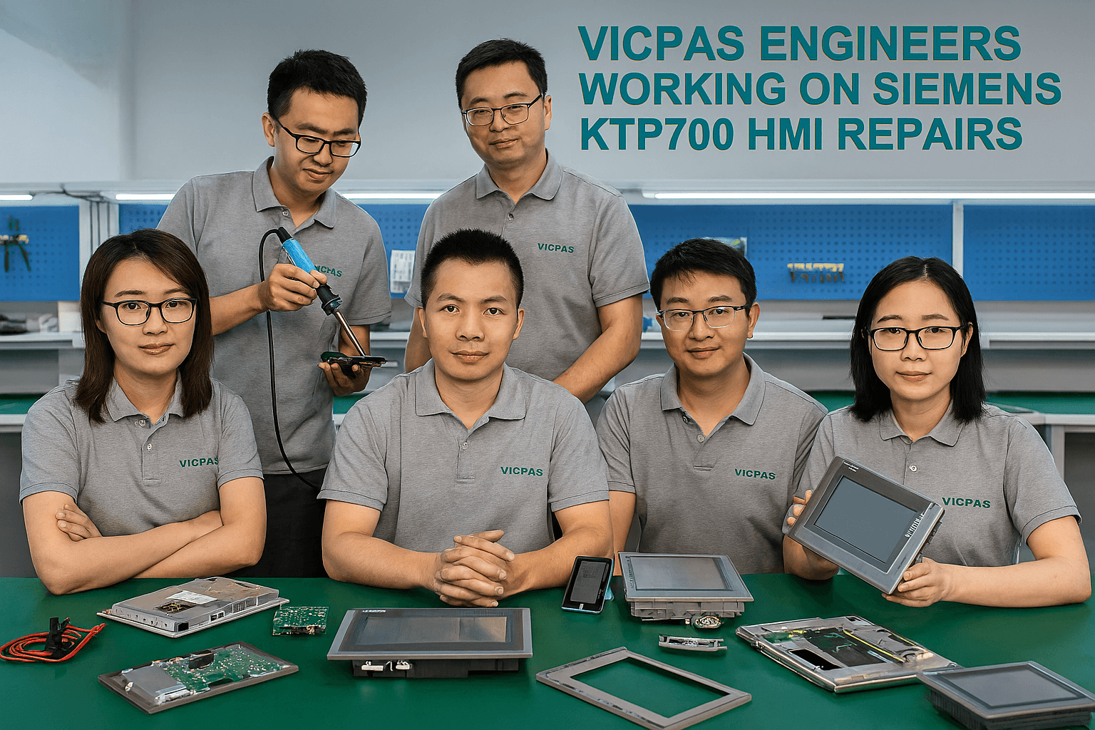 Vicpas engineers working on Siemens KTP700 HMI repairs in a modern lab