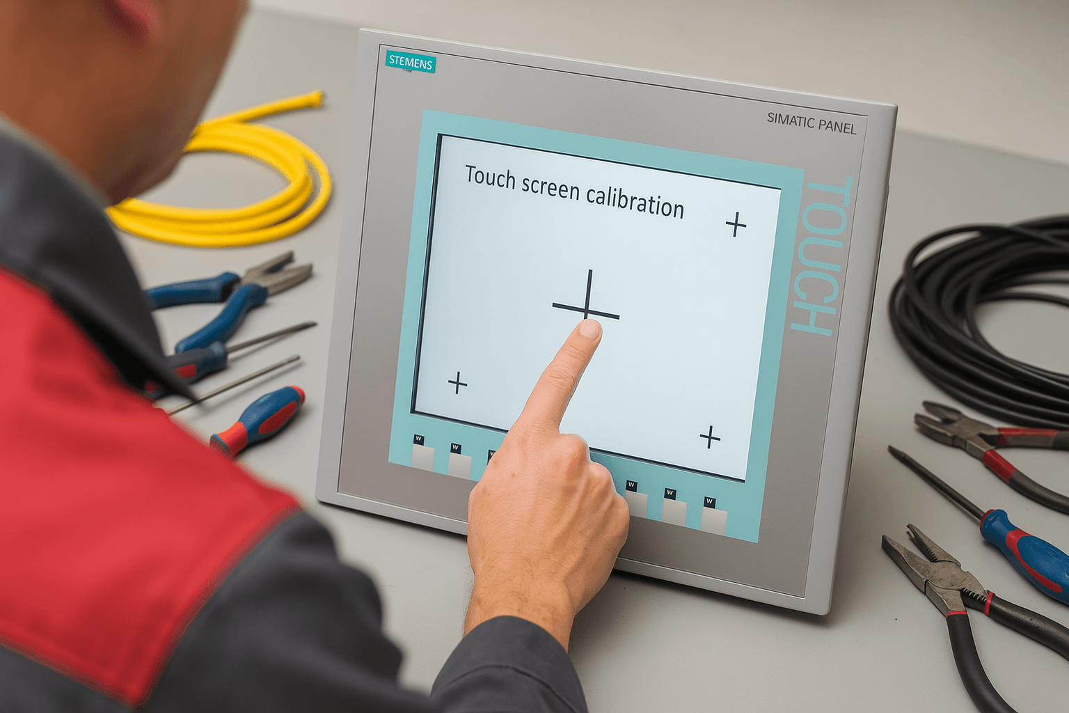Technician recalibrating touch screen on Siemens KTP1000 panel