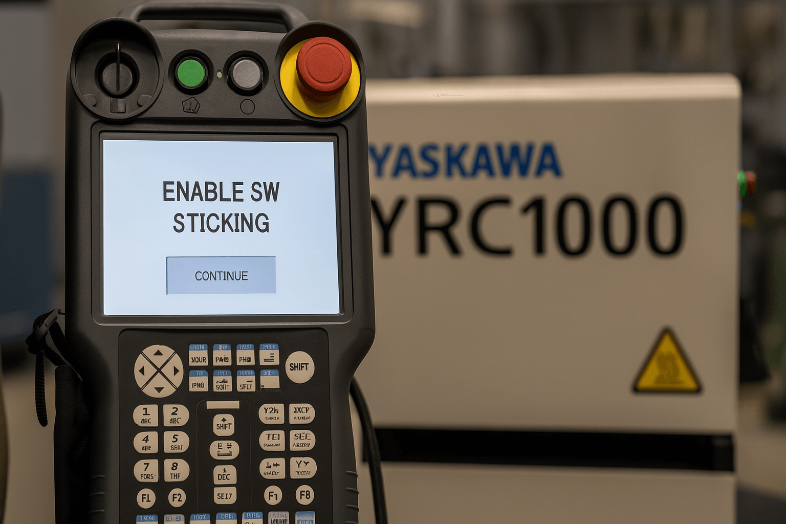 Yaskawa YRC1000 Teach Pendant displaying error screen in industrial setting