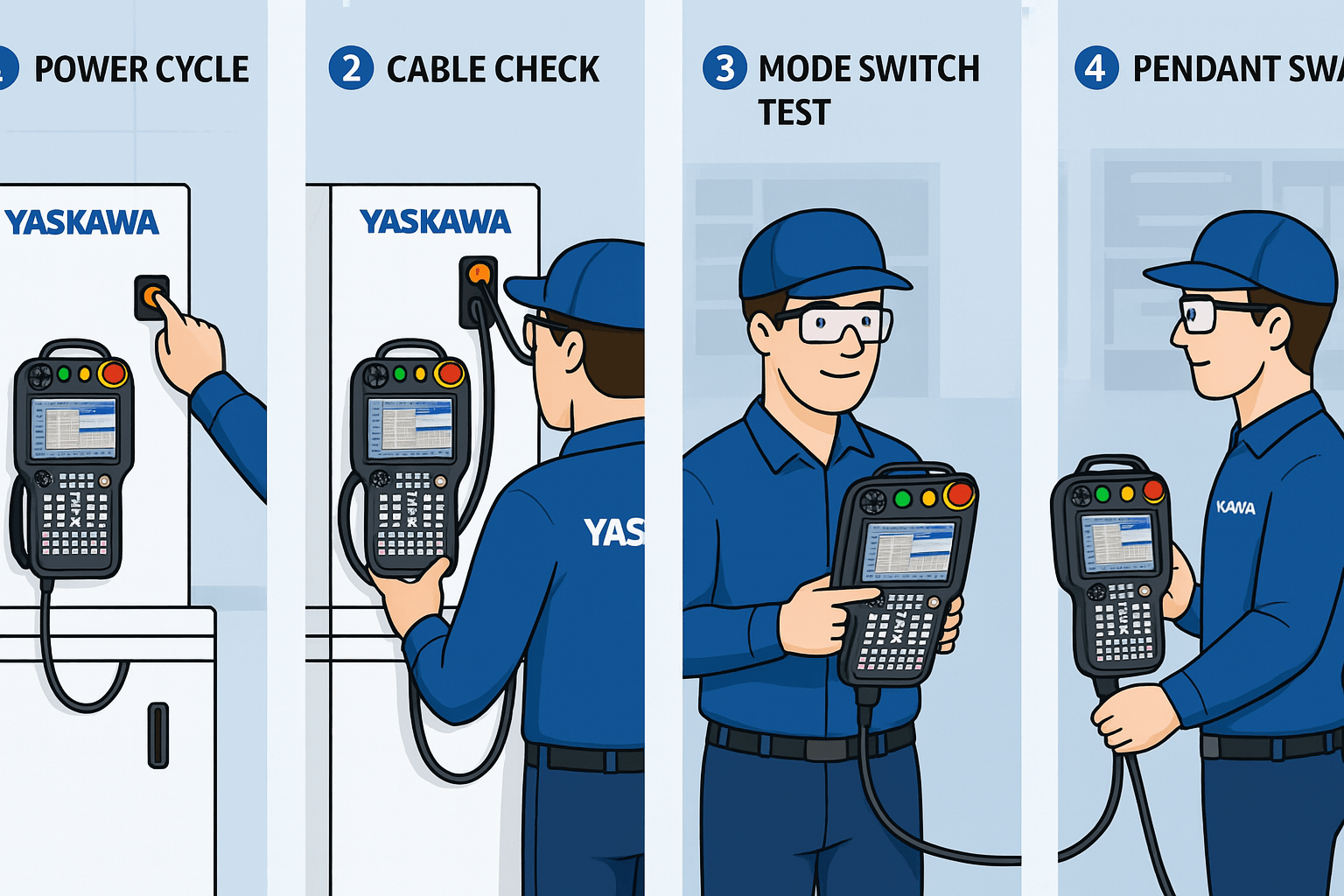 Infographic of Yaskawa YRC1000 Teach Pendant troubleshooting steps