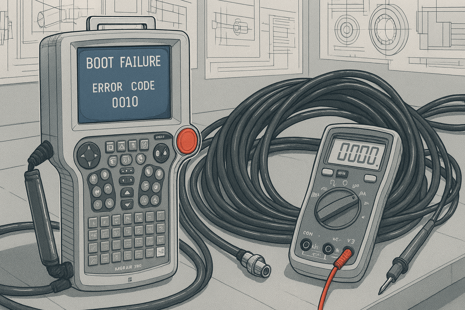 Yaskawa XRC Teach Pendant displaying boot failure screen with error code 0010