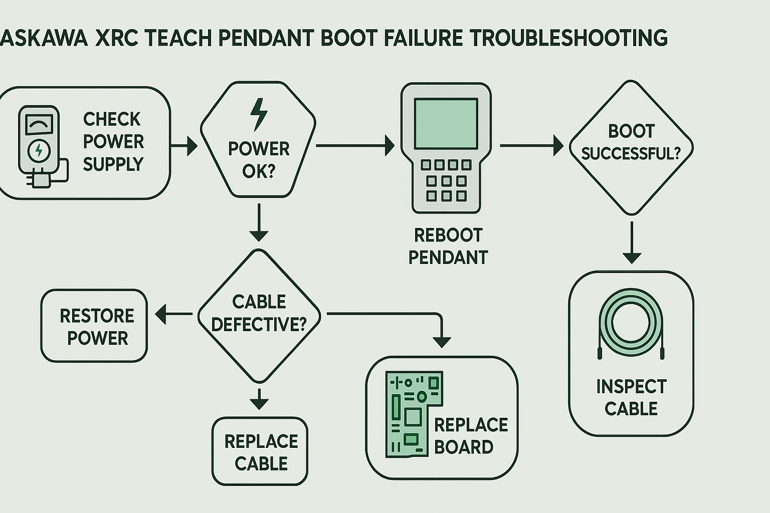 Infographic table of Yaskawa XRC error codes with icons for power, battery, and fan issues, clean blue and white color scheme matching Yaskawa branding, vector style for web readability.