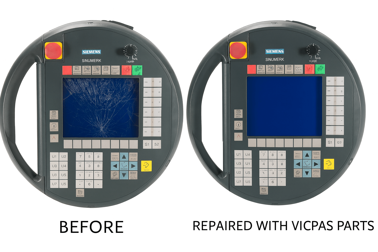 Before-and-after comparison: Damaged vs. repaired Siemens HT6 touchscreen with Vicpas parts