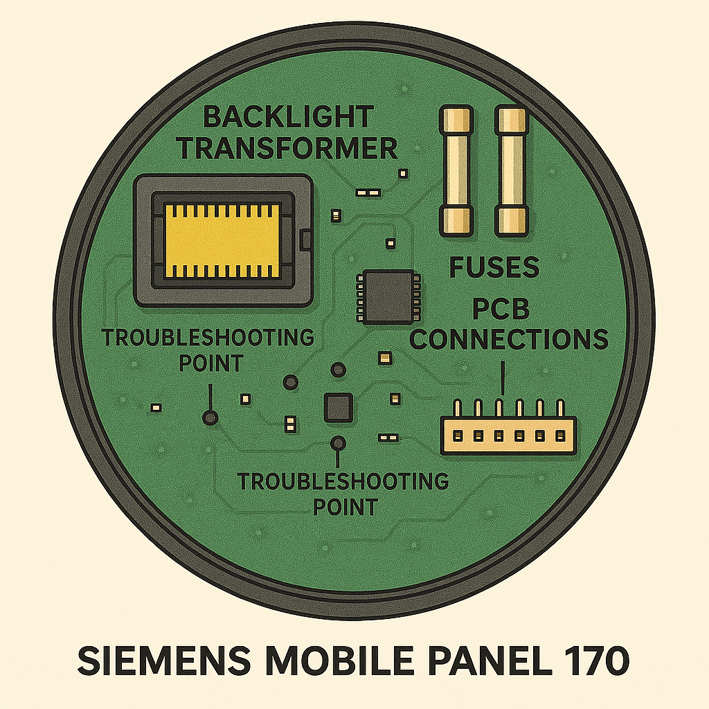 Internal components diagram of Siemens Mobile Panel 170 highlighting backlight transformer, fuses and PCB connections