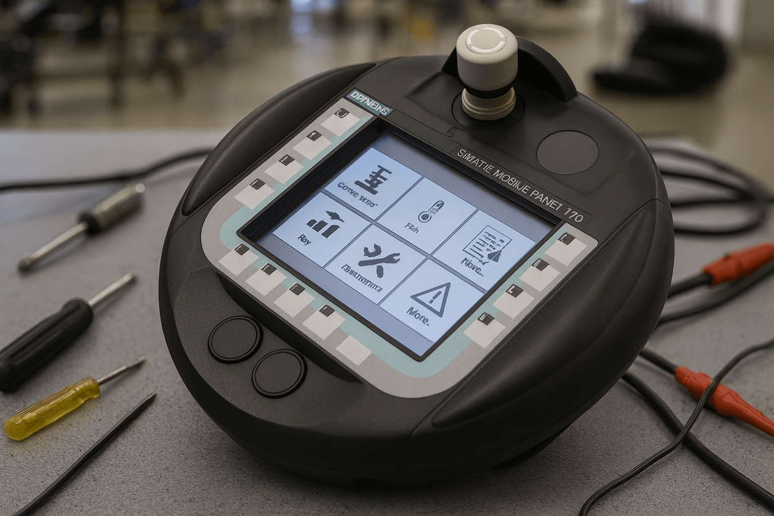 Siemens Mobile Panel 170 on industrial workbench for troubleshooting