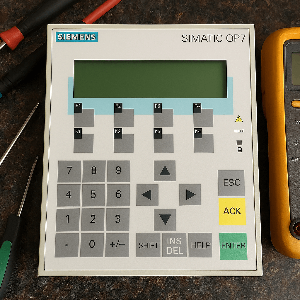 Siemens OP7 operator panel on industrial workbench with troubleshooting tools and multimeter