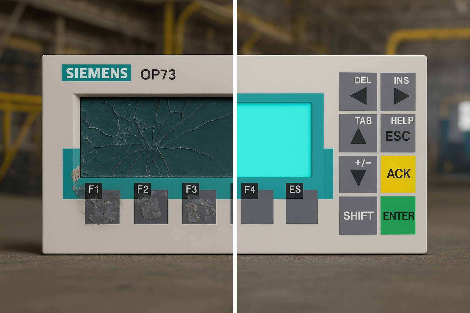 Complete Siemens OP73 HMI panel front view with functional display and keys