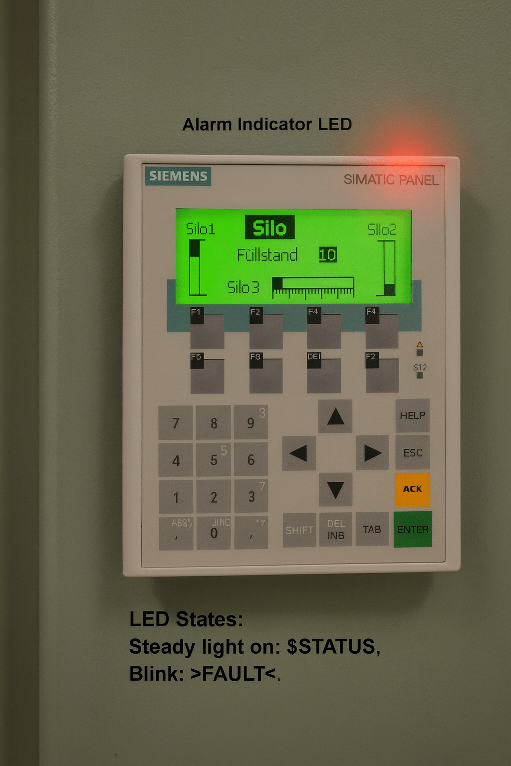 Siemens OP77B front panel showing flashing red Alarm Indicator LED